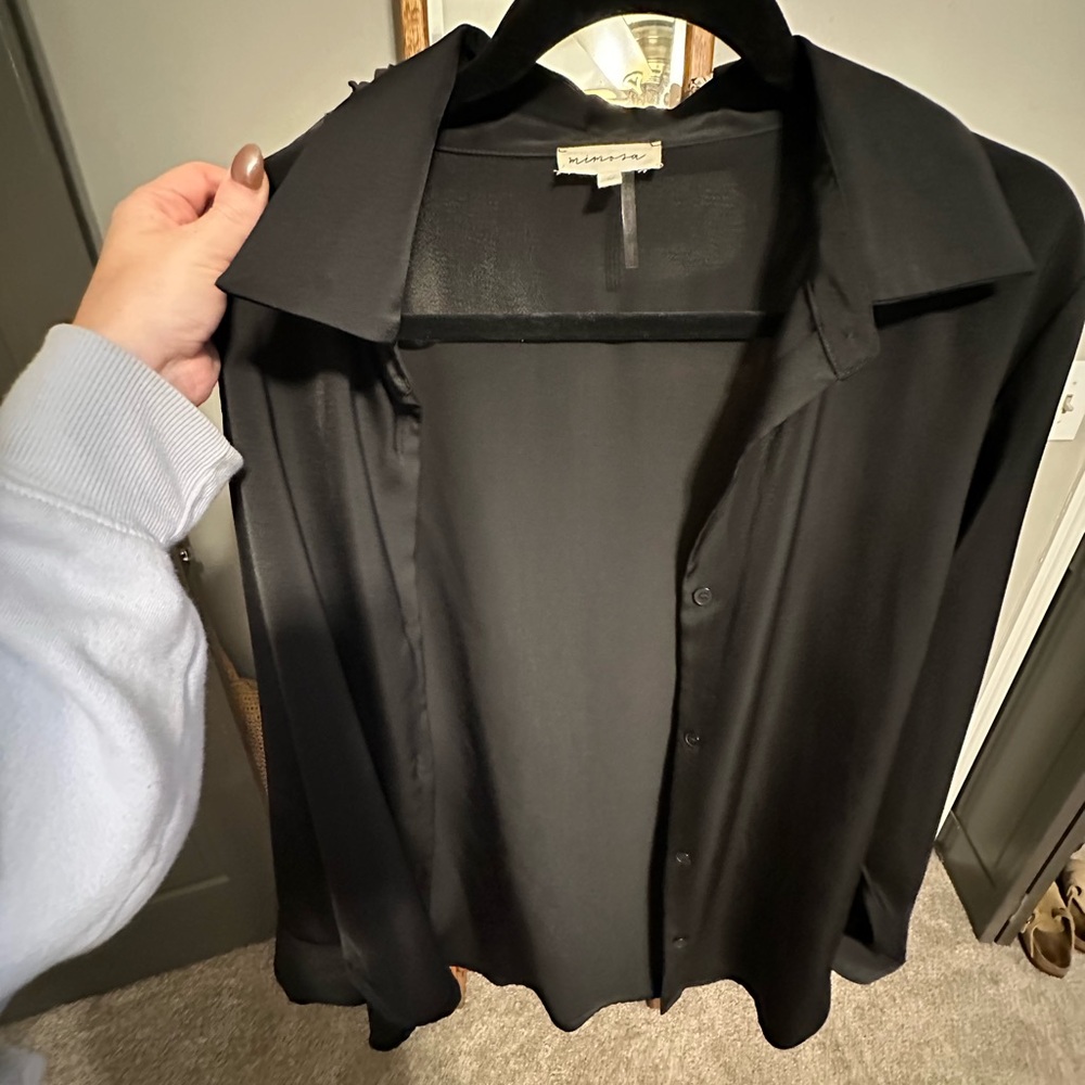 Black Silk Long Sleeve Button Up